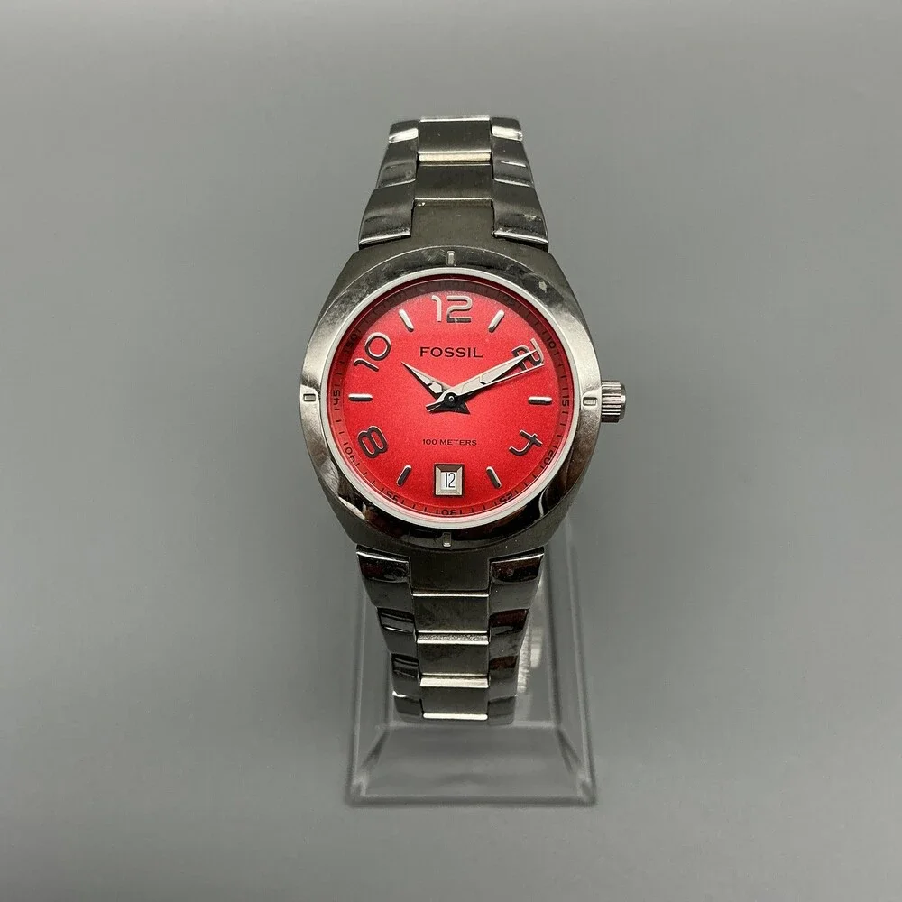 Fossil Blue Womens Watch 28mm Red Dial Stainless Date AM-4100 New Battery 6.75